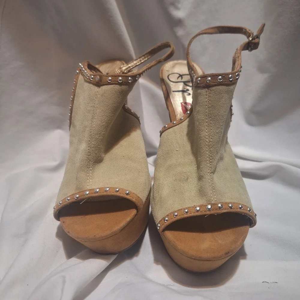 Promise Tan Suede Studded Platform Slingback Stiletto Heels Peep Toe Sandals 5.5